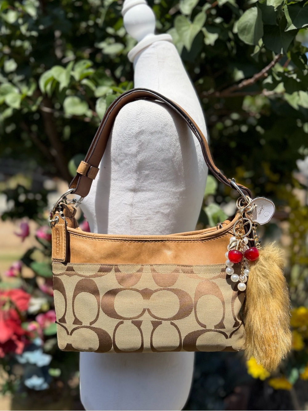 Coach Beige/Tan Signature Canvas Shoulder Bag with Fur Charm